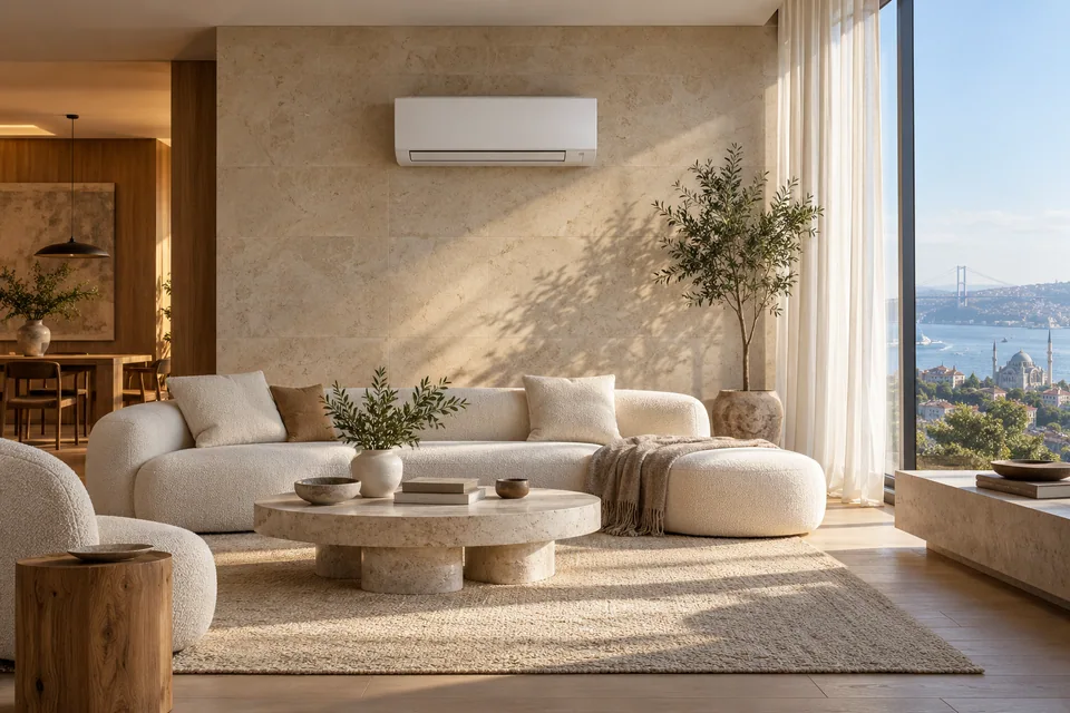 Duvarda beyaz kliması bulunan modern yaşam alanı